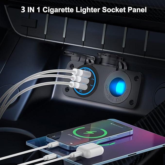 Upgraded 78W 3 Port 12V 24V USB Outlet Cigarette Lighter Socket Panel, Dual 30W PD and QC3.0 Multi Port Cylinder Charger with Button Switch and 150W Lighted Socket 2 in 1 DIY Kit for Car Boat RV, etc.