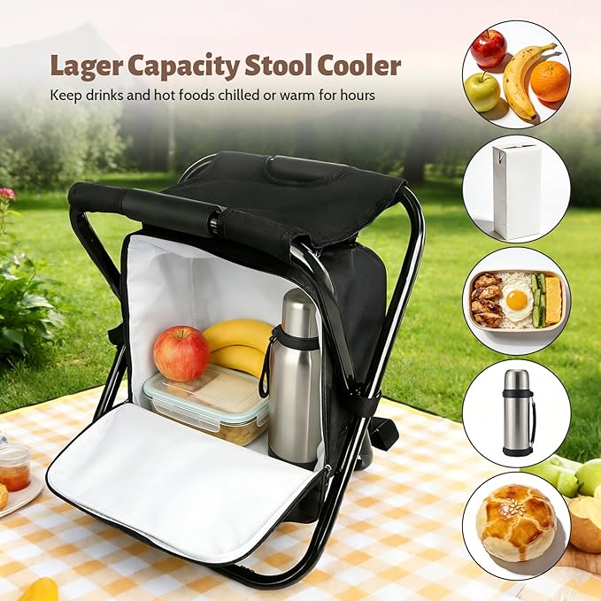 Folding Camping Chair Stool Backpack with Cooler Insulated Picnic Bag, Portable Hunting Fishing Multifunction Chair for Outdoors Hiking Hunting Travel (Black)