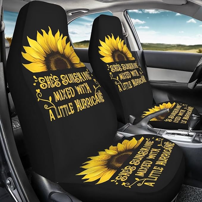 BIGCARJOB Sunshine Sunflower Car Seat Cover Full Set Universal Car Interior Accessories Set Sunflower Print Auto Interior Seat Protector Saddle Blanket for Women Gifts