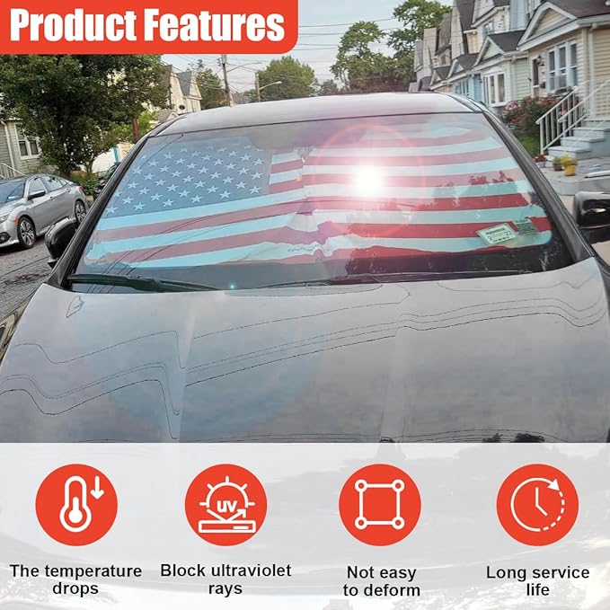 American Flag Car Windshield Sun Shade, Foldable Car Front Window Sunshade for Cars SUV Truck, Auto Interior Sun Protection Cover, Blocks UV Rays & Keeps Your Vehicle Cool (Red, XL)