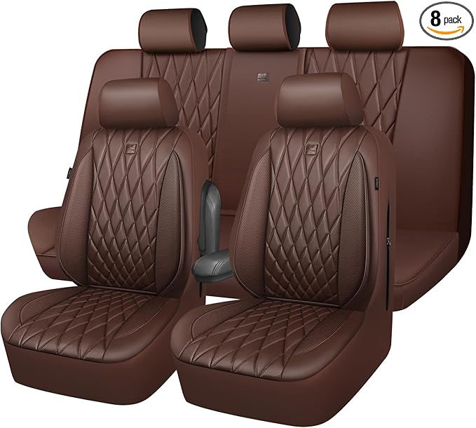 CAR PASS Piping Luxury Faux Leather Seat Covers Full Set, 5 Seats Anti-Slip Waterproof Seat Covers Compatible with Front Armrests, Universal Fit for Suvs,Vans,Trucks,Airbag Compatible, Pure Brown