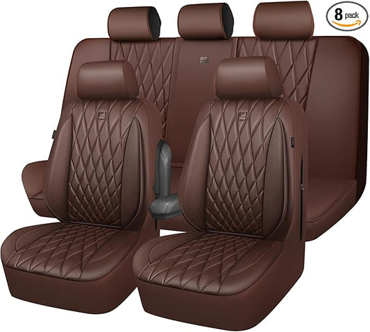 CAR PASS Piping Luxury Faux Leather Seat Covers Full Set, 5 Seats Anti-Slip Waterproof Seat Covers Compatible with Front Armrests, Universal Fit for Suvs,Vans,Trucks,Airbag Compatible, Pure Brown