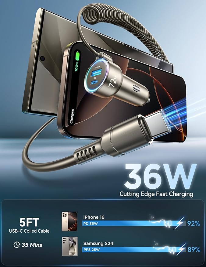72W Car Charger USB C for iPhone 16/15, 36W Super Fast Charging Type C Coiled Cable for iPhone 16/15 Pro Max Plus/Samsung S24 Ultra/S24+/S23/S22, Car Phone Charger Adapter for Pixel/Android, iPad Pro