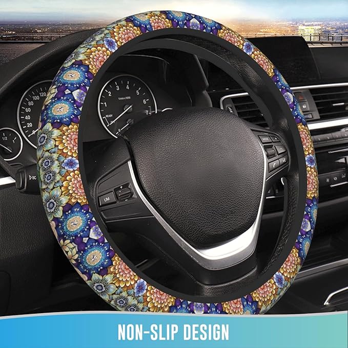 Elastic Steering Wheel Cover Car Accessories Cute Universal 15 Inch Absorbing Sweat Non-Slip Breathable for Woman - Boho Floral