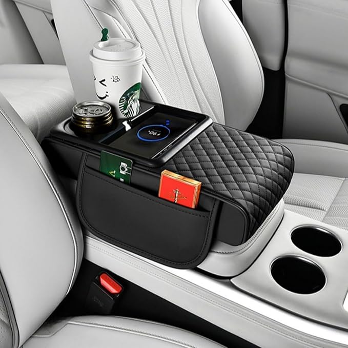 Car Armrest Pad with Built-in Induction Charging, Leather Center Console Cushion with 15W Power Pad, Dual Cup Holders, Storage Pockets - Black