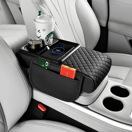 Car Armrest Pad with Built-in Induction Charging, Leather Center Console Cushion with 15W Power Pad, Dual Cup Holders, Storage Pockets - Black