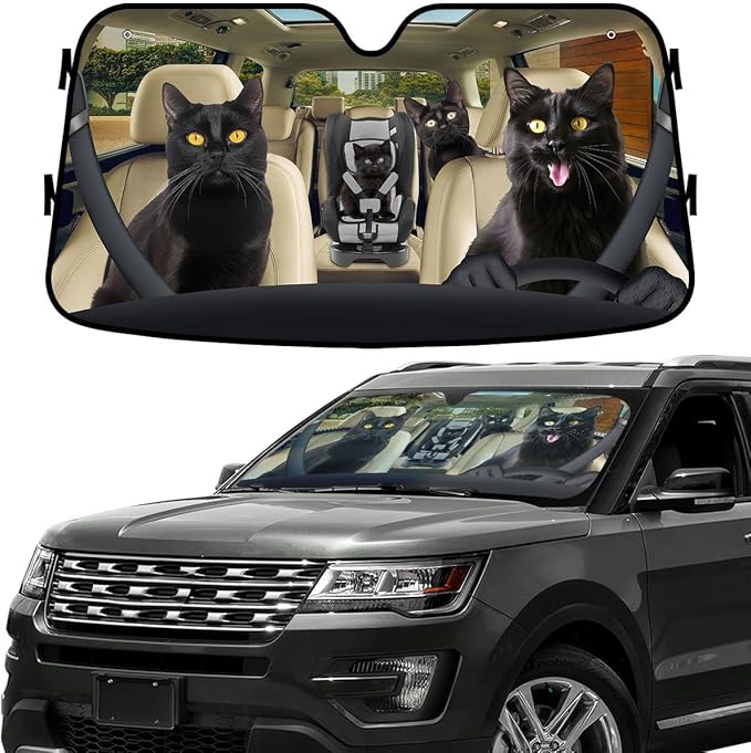 GENANY Funny Black Cats Windshield Sun Shade for Car SUV Truck (55x30 Inches),Sun Shade Windshield, Shades for Front Windows, Sunshade for Car Windshield, Protector Blocks UV