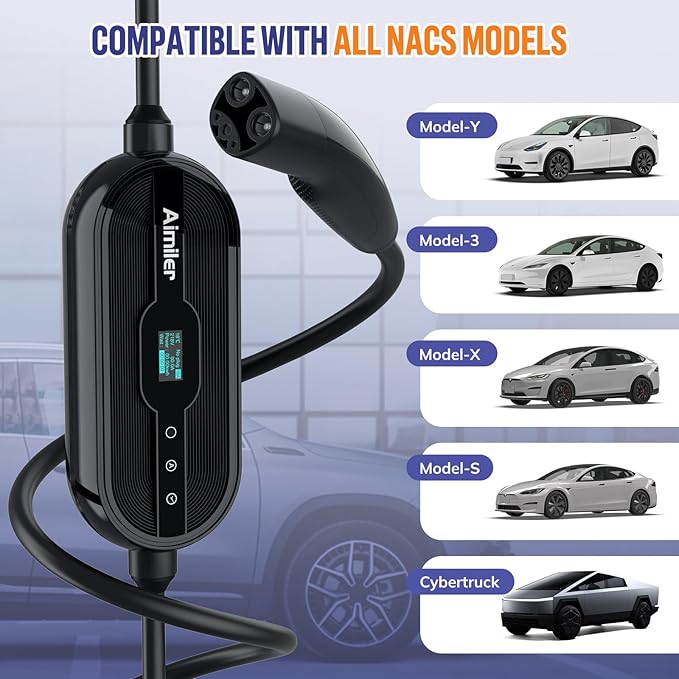 AIMILER Level 1/2 Tesla Charger, 16A, 25ft Cable ETL Certified, 240V NEMA 6-20P Plug & 110V 5-15P Adapter Cable, Portable Electric Car EV Charger for Tesla Models Y/X/3/S or Other Nacs EVs (Black)
