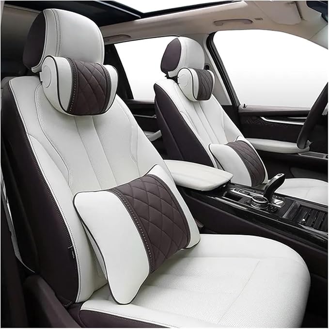 Car seat headrest Leather Car Fit for Seat Rest Cushion Headrest Car Neck Pillow Fit for BMW (Color : Beige-01)