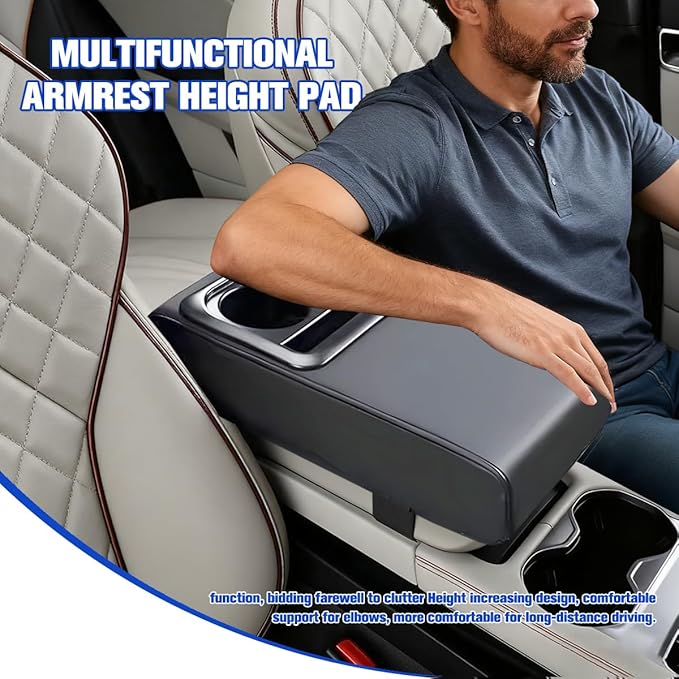 Car Center Console Armrest Pillow, Vehicle Armrest Seat Box Cushion Pad with Cup Holder & Phone Holder, Comfortable Auto Middle Console Cover, Universal for SUV RV Truck (Gray)
