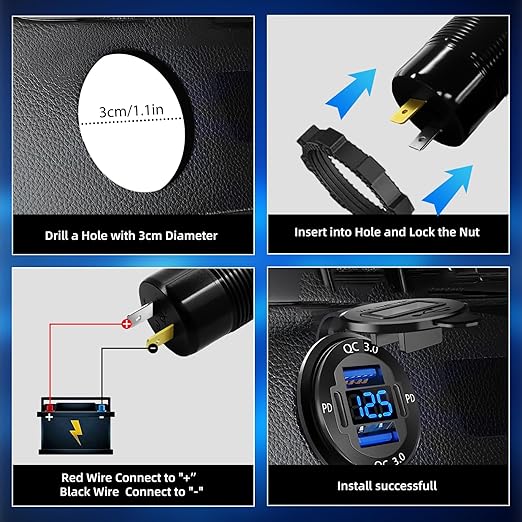 12 Volt USB Charger, 12v USB 4-Port Aluminum Alloy USB C Outlet with LED Voltmeter,Dual PD3.0 & QC3.0 for 12/24V Car Golf Cart Boat Marine Bus Truck RV Marine Motorcycle etc (Pack of Two)