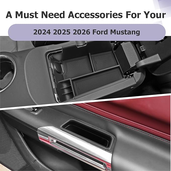 LUWU 3PCS 2025 2026 Mustang Center Console Organizer Compatible with Ford Mustang 2024 2025 2026 Accessories Armrest Console Storage Box Insert Tray Door Side Tray ABS Material Coin Container Black