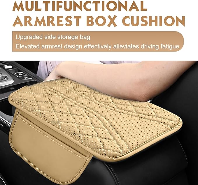 Car Center Console Cover, Leather Automotive Armrest Cushion with 2 Storage Bags, Breathable Armrest Cover, Universal Waterproof Arm Rest Protection Pad for SUV, Sedan, Truck (Beige)