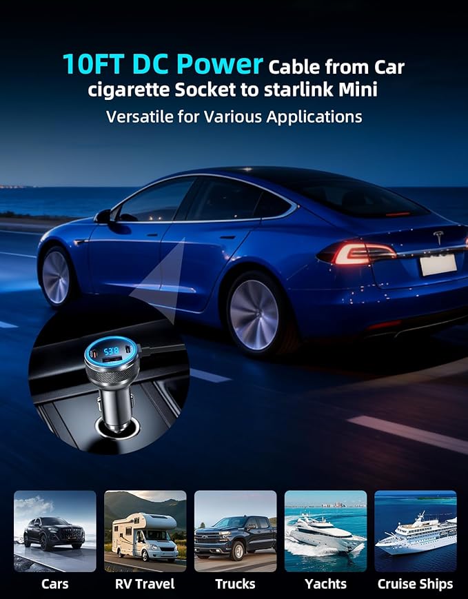 Starlink Mini Cable, 4-in-1 Starlink Mini Car Charger DC Power Cable + 12V-24V Cigarette Lighter Adapter with Digital Display, USB-C PD 45W and Dual USB-A 35W Ports for Cars, Suitable for Cars (10FT)