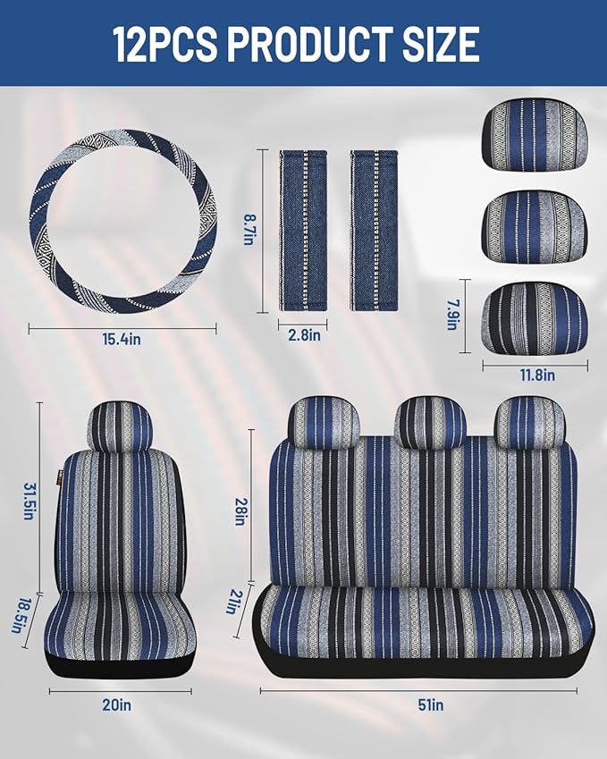 Baja Saddle Blanket Car Seat Covers Front Set with Seat Belt Pads, Washable Breathable Striped Woven Cloth Seat Covers for Cars, SUV, Truck, Airbag Compatible(Blue)
