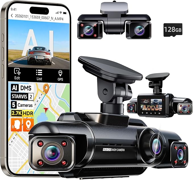 Neideso 5 Channel 360° Dash Cam Front and Rear, 2.7K + 4*1080P, STARVIS 2 Sensor, AI Driver Fatigue Alert, 5GHz WiFi GPS Car Dash Camera, HDR Night Vision, Free 128GB Card, 24H Parking Mode, N900Ultra