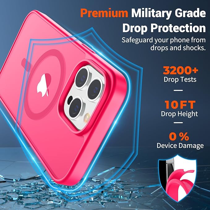 SUPFINE Magnetic for iPhone 14 Pro Case (Compatible with MagSafe) (Military Grade Drop Protection) Slim Translucent Matte Shockproof with Anti-Fingerprint Phone Case,Hot Pink