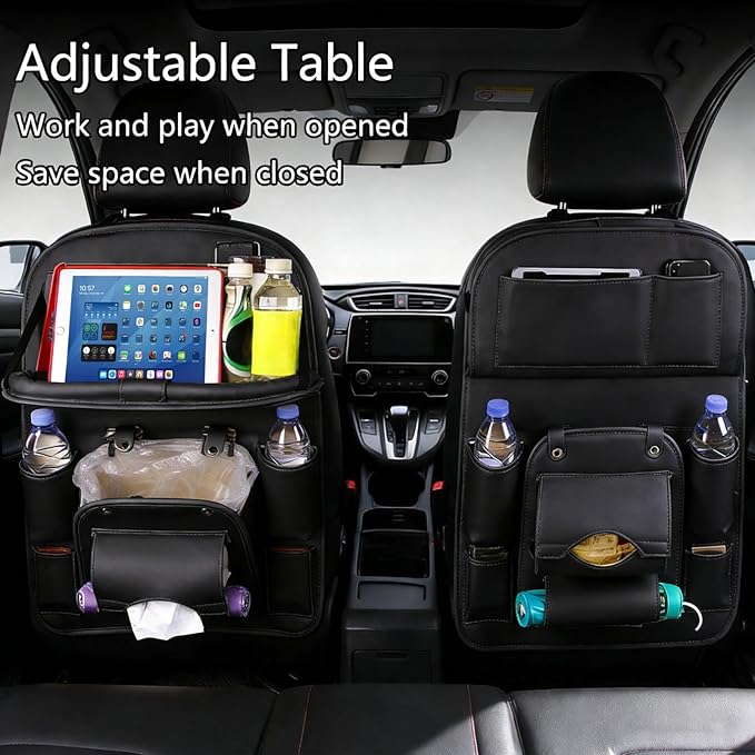 Car Seat Organizer, Multifunctional Backseat Protector Mat, Storage Bag and Tray Rack, Trash Storage (Suitable for Cars, Children, Back of Seats, and Rear Seats) (Black, Leather 1-Piece Set)