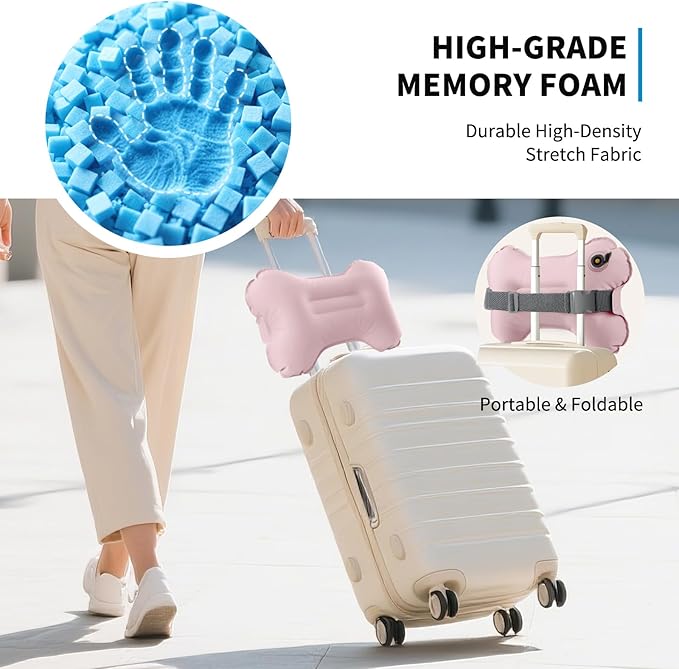 Mixtrend Travel Lumbar Pillow – Inflatable Memory Foam Back Support Cushion for Airplane, Car, Office Chair, Long Flight – Ergonomic Pain Relief for Women, Men & Kids（Blush Pink）