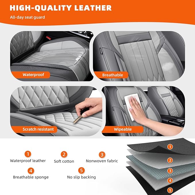 KEYOOG Universal 5-Seater Waterproof Breathable Nappa Leather Car Seat Covers Full Set, Compatible with Toyota Corolla Camry, Lexus LS400, Nissan Rogue, Fit Front Rear Seats Most Sedans SUV- Gray