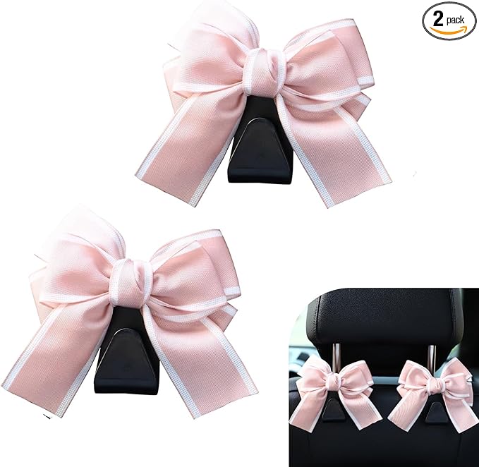2 PCS Car Seat Headrest Hooks, Cute Bow Back Seat Storage Hangers for Handbag Purse Coat, Universal Auto Organizer Hooks (Pink Line)