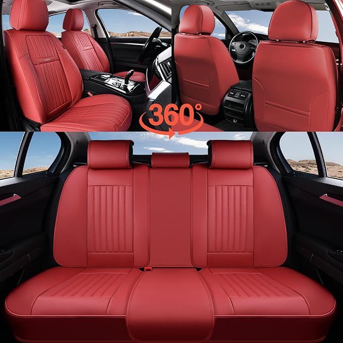 Coverado Car Seat Covers Full Set, Seat Covers for Cars, Car Seat Cover, Car Seat Protector, Leather Car Seat Cushion, Waterproof Car Seat Covers Front Seats and Back Fit for Most Cars(Red)