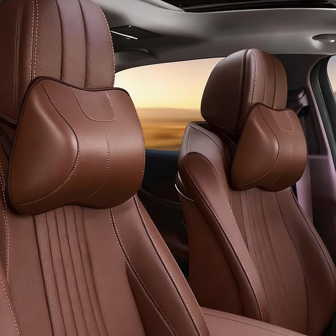 2PCS Leather Memory Foam Car Headrest Pillow Ergonomic Neck Pillow, Universal for Tesla Model Y/3/X/S BMW X3 X5 Lexus TX350 NX350 350h RX350 Volvo XC60 XC90 for Neck Pain Relief(Brown)