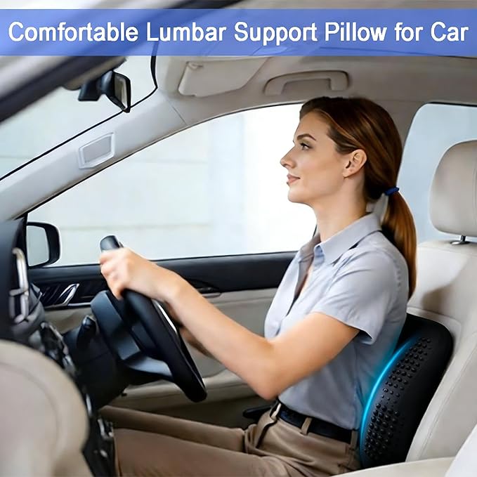 Lumbar Support Pillow, Inflatable Rubber Lumbar Pillow for Lower Back Pain Relief - Car Back Cushion for Driving - Lumbar Support for Car-Office Chair, Massage Points, Adjustable Firmness, Black