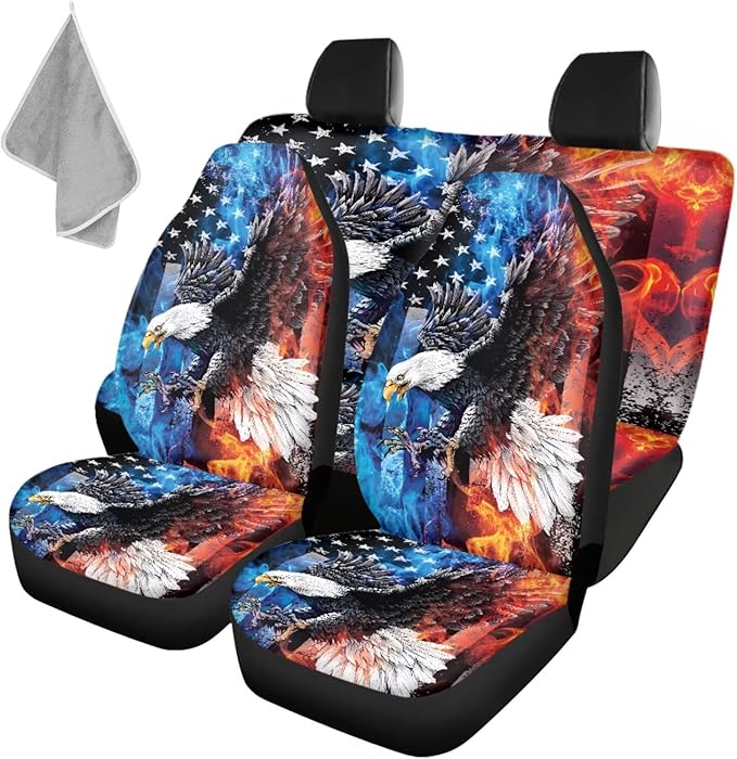 KEIAHUAN American Flag Bald Eagle Car Seat Covers Full Set Auto Front Seat Cushion Rear Split Bench Seat Pads Breathable & Washable Fit Most Cars, Trucks, SUV or Vans