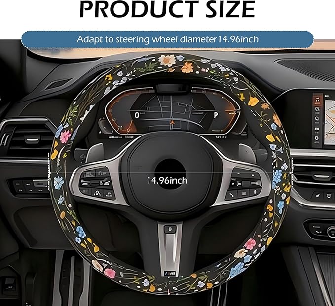 Flower Steering Wheel Cover, Cute Breathable Steer Wheel Protection Cover, Auto Non-slip Wildflowers Steering Protector, Universal for Most Cars, Trucks, SUVs (Multicolored)