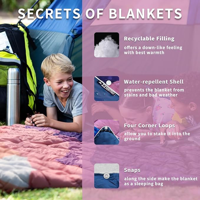 zzlamb Camping Blanket for Cold Weather,Outdoor Puffy Blanket Portable Down Alternative,Windproof Warm Cloak with Snaps,Cozy Quilt Backpacking Picnic RV Travel Plane Car Hammock Beach Climbing