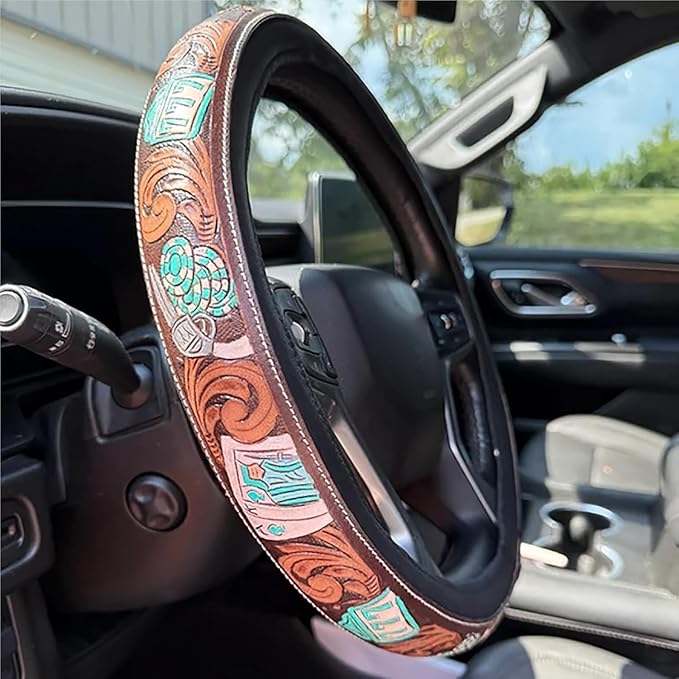Western Steering Wheel Cover, Color Printed Embossed Hand-Painted Leather Western car Parts, for Women Man, Anti-Slip Design Easy to Install, for Trucks SUVs Cars (Style 6)