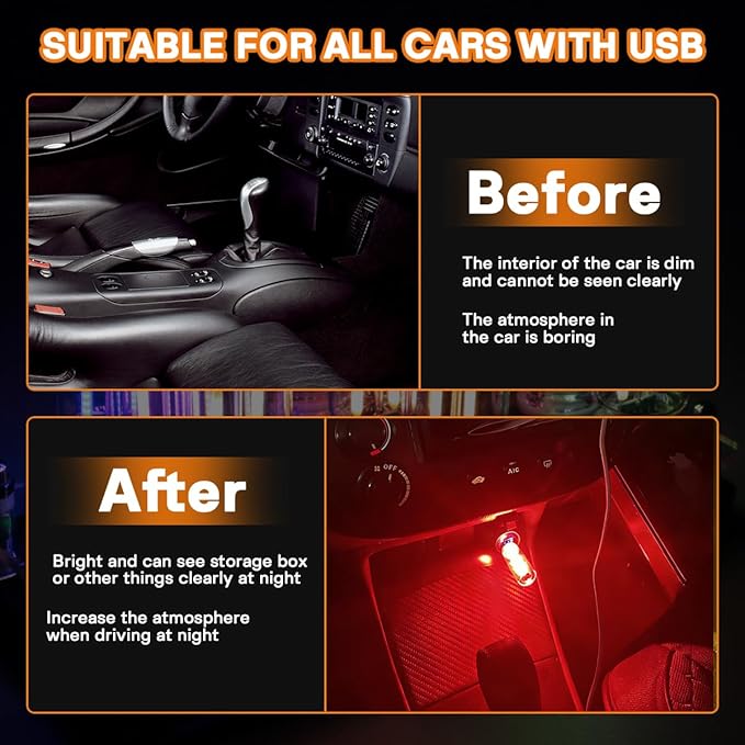 2 PCS Car USB Night Light Bulb, Touch Dimmable Car Interior Ambient Lights, Mini Retro Glass Bottle LED Lamp, Plug-in USB Mood Light for Vehicle, Bedroom, Camping(Red)