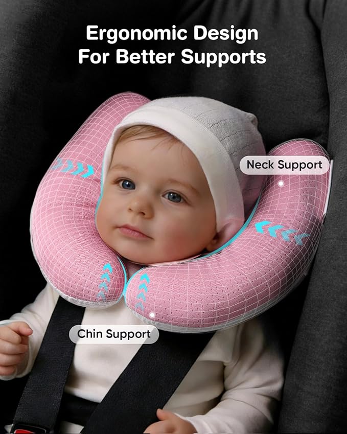 Baby Neck Pillow for Car Seat and Stroller, Adjustable Baby Head Support Pillow for Travel, Soft and Cushiony Torticollis Pillows for Infant and Newborn (Pink)