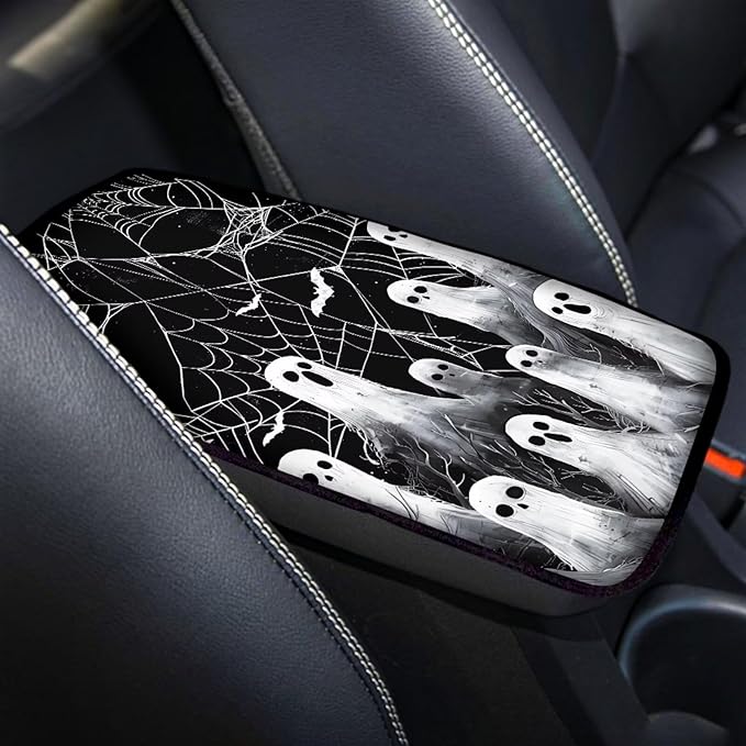 Cute Ghost Web Universal Center Console Armrest Soft Pad Protector Cover Armrest Box Protector Non Slip for Pet Dogs Car Interior Decor