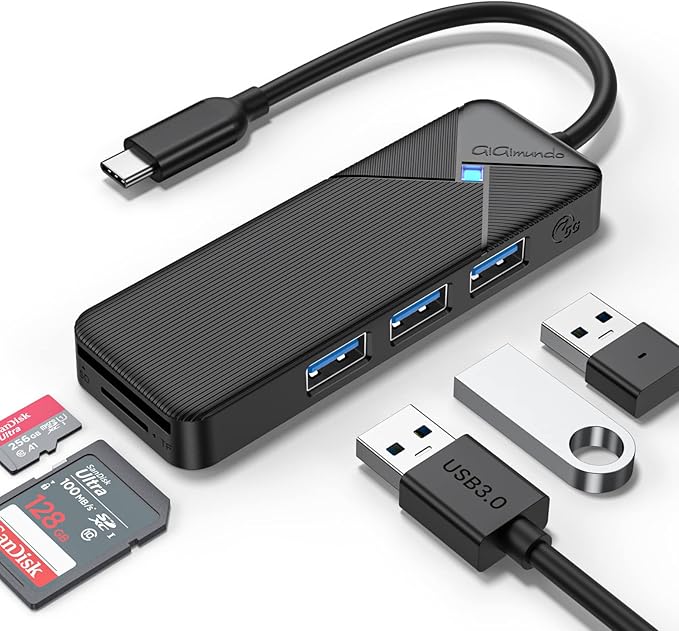 GiGimundo USB C Hub for Laptop, 4 Ports USB Hub 3.0 with SD Card Reader, USB C to USB Hub Multiport Adapter 5Gbps Transfer for Laptop, MacBook, iPad, Dell, Chromebook, Keyboard, Mouse, Black