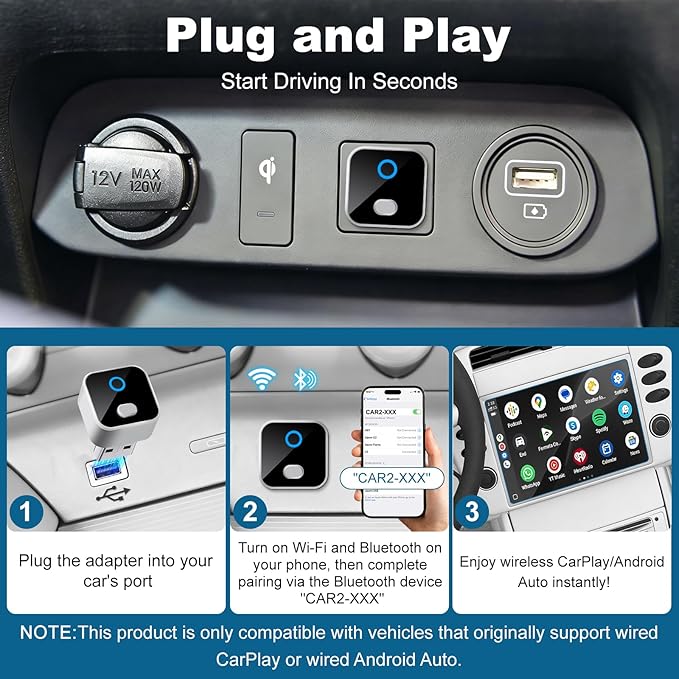 Wireless CarPlay & Android Auto Adapter, One-Click Switch Mini Size WiFi 6 & Bluetooth 5.4 Adapter, Fast Auto-Reconnect, Compatible with iOS 10+/Android 11+, for Factory Wired CarPlay Cars