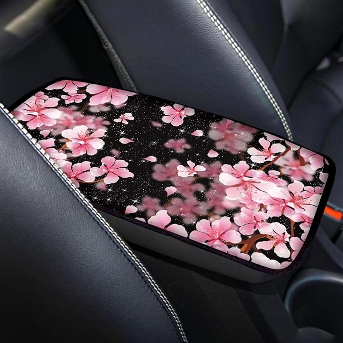 Dreaweet Pink Cherry Blossom Print Console Armrest Cover,Cute Car Accessories for Women Soft Comfy Center Console Pad Cover,Universal Armrest Box Mat