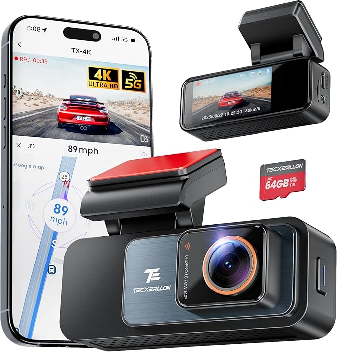 TECXLERON Dash Cam, 4K Full HD Dash Camera for Cars, Built-in GPS and Wi-Fi, 64GB SD Card Included, 160° Wide Angle Lens, Night Vision, G-Sensor, Loop Recording, 24H Parking Monitor