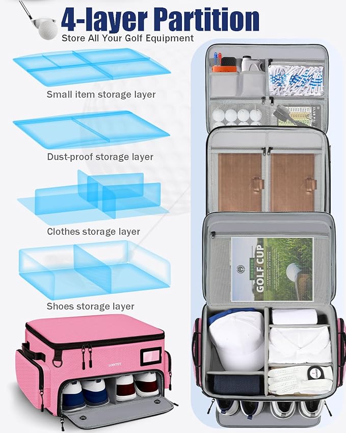 LOINTET Golf Trunk Organizer, Waterproof Car Golf Locker with Separate Ventilated Compartment for 2 Pair Shoes, Golf Storage for Balls, Tees, Cap, Clothes, Gloves, Accessories, Gifts for Men, Women