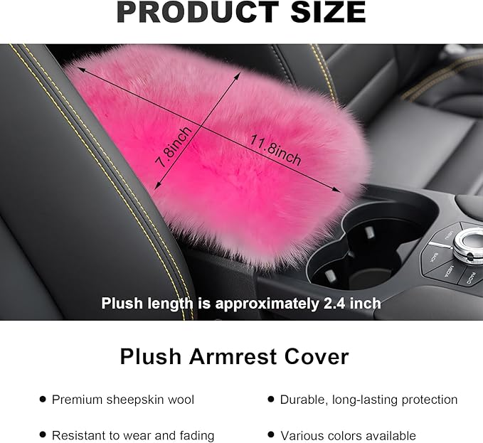 Center Console Cover, 11.81"×7.87" Automotive Fluffy Plush Center Armrest Protector, Universal Furry Comfortable Center Console Pad for Cars Trucks SUVs, Car Accessories (Dark Pink)