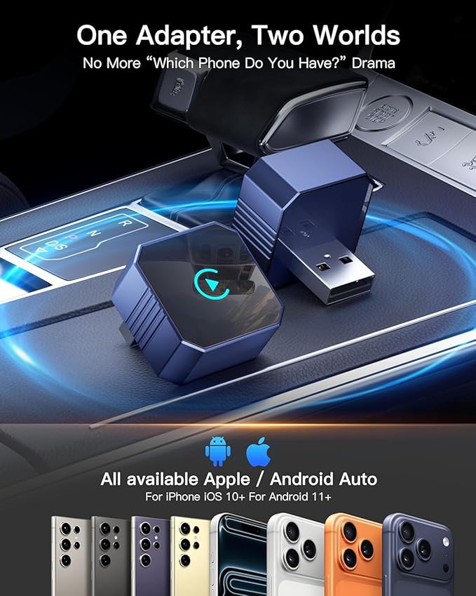 2026 Upgraded Mini Wireless CarPlay Adapter for Apple CarPlay & Android Auto, Plug & Play, Fast and Auto Connect, No Latency 2 in 1 Car Play Wireless Adapter for iPhone iOS 10+ & Android 11+