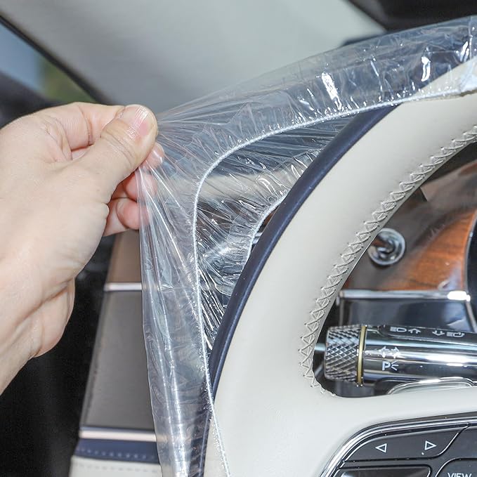 Lawei Sef of 400 Disposable Steering Wheel Covers and Gear Selector Shifter Knob Covers, Universal Plastic Transparent Car Steering Wheel Covers with with Elastic Bands, Disposable Gear Shift Cover