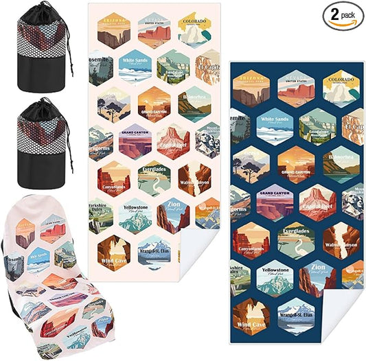 2 Pack Car Seat Towel Covers with Storage Bag 63 x 32 Inch Athletic Running Towel Seat Sweat Washable Non Slip Cover Gift for Car Outdoor Sport Activities (Mixed Landscapes)