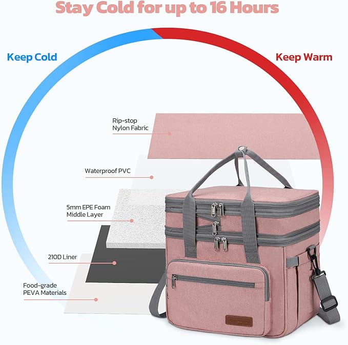 Maelstrom Lunch Box, 23L Insulated Lunch Bag, Expandable Double Deck Cooler Bag, Lightweight Leakproof Tote Bag With Side Tissue Pocket, Suit For Men and Women (E. Pink)