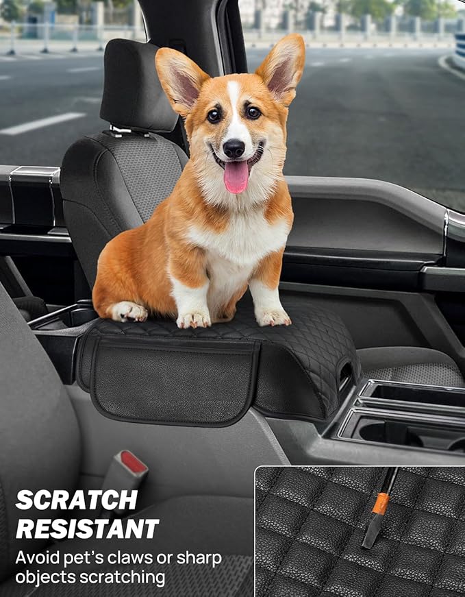 JOYTUTUS Center Console Cover Compatible with 2015-2020 F150, 2017-2022 F250 F350 F450, 2018-2024 Ford Expedition, Leather Armrest Cover Center Console Cushion with Side Pockets (Bucket Seat Only)
