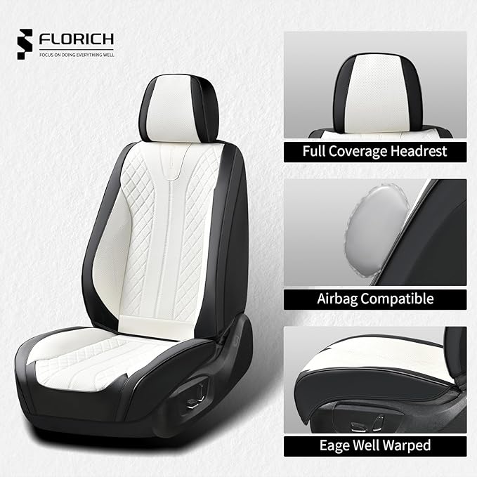 FLORICH Seat Covers Full Set Luxury Faux Leather Front and Rear Car Seat Cover Waterproof Automotive Seat Covers 5 Seats Car Seat Protector Universal Fit for Most Cars SUV Trucks, Black&White