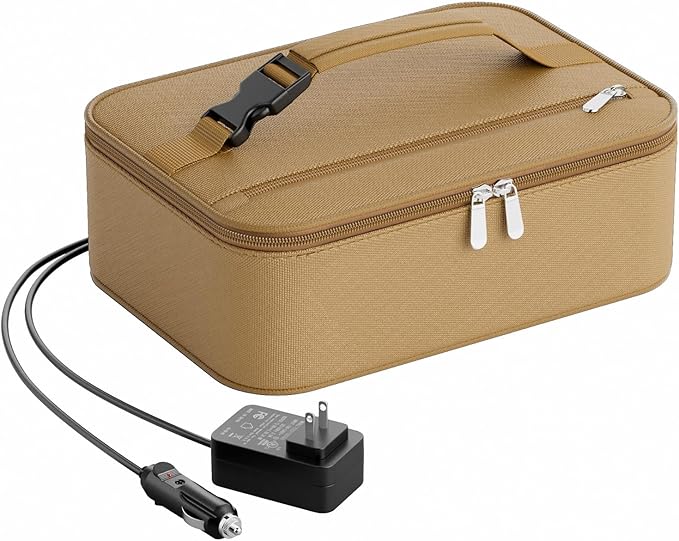Portable Food Warmer - Heated Lunch Box for Adluts - Electric Thermal Lunch Bag with Buckle Handle, Heating Food Warmer Bags for 12V/24V Car & Truck, 110V/220V Home/Office, Khaki