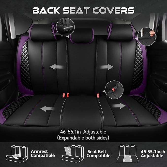 CAR PASS Nappa Leather Car Seat Covers Full Set Waterproof Protector Durable Cushioned,Universal Fit for Sedan SUV Pick-up Truck,Automotive, Anti-Slip and Backseat Luxury Premium(Black and Purple)