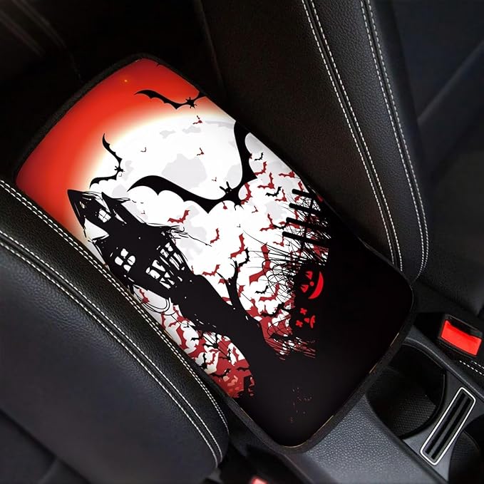 Halloween Bat Castle Universal Center Console Armrest Soft Pad Protector Cover Armrest Box Protector Non Slip for Pet Dogs Car Interior Decor